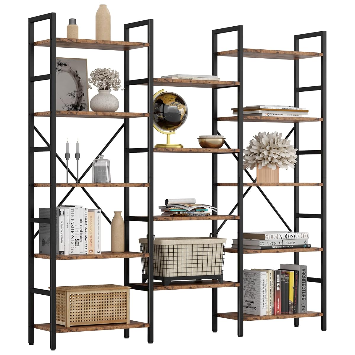 Bookcases and Bookshelves Triple Wide 5 Tiers Industrial Bookshelf, Large Etagere Bookshelf Open Display Shelves with Metal Frame for Living Room Bedroom Home Office