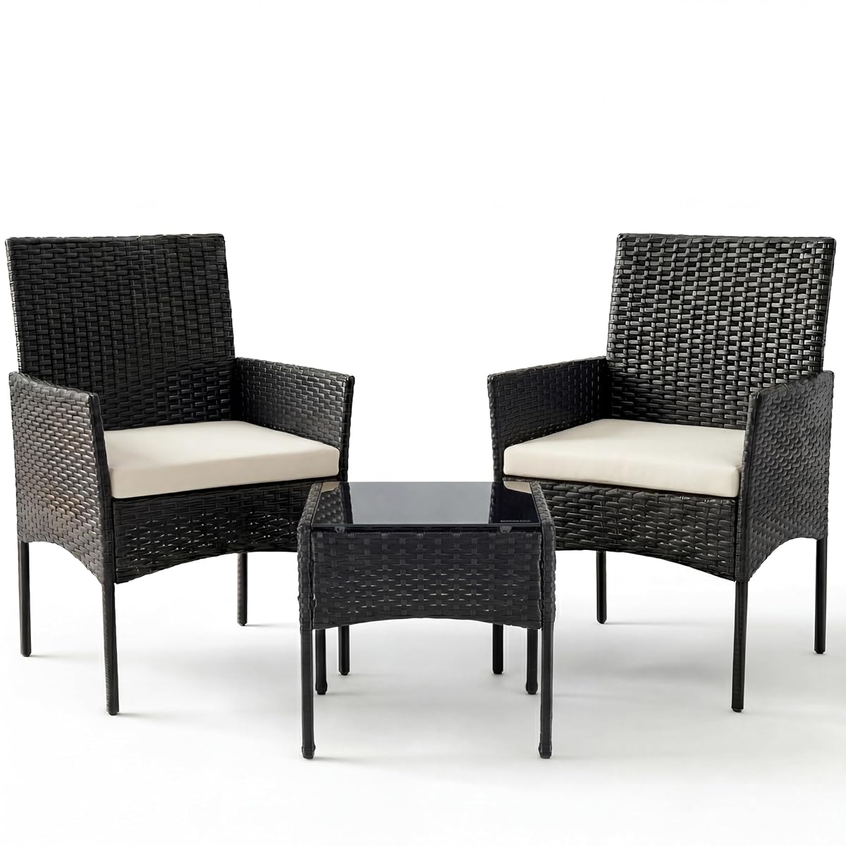 3 Piece Patio Furniture Set, All-Weather Outdoor Conversation with Removable Cushions & Tempered Glass Table, Small Wicker Bistro Set for Balcony, Porch, Backyard, Deck, Black