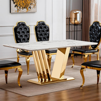 Marble Dining Table for 6 People, 70'' Rectangle Faux Marble Dining Table with Mirrored Stainless Steel Base, Large Size Marble Kitchen Table (Gold,White)(only Table)