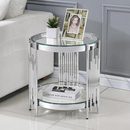 20" Round Glass End Table, 2-Tier Silver Side Table with Stainless Steel Legs and Clear Tempered Glass, Modern Luxury End Table for Living Room Home Office