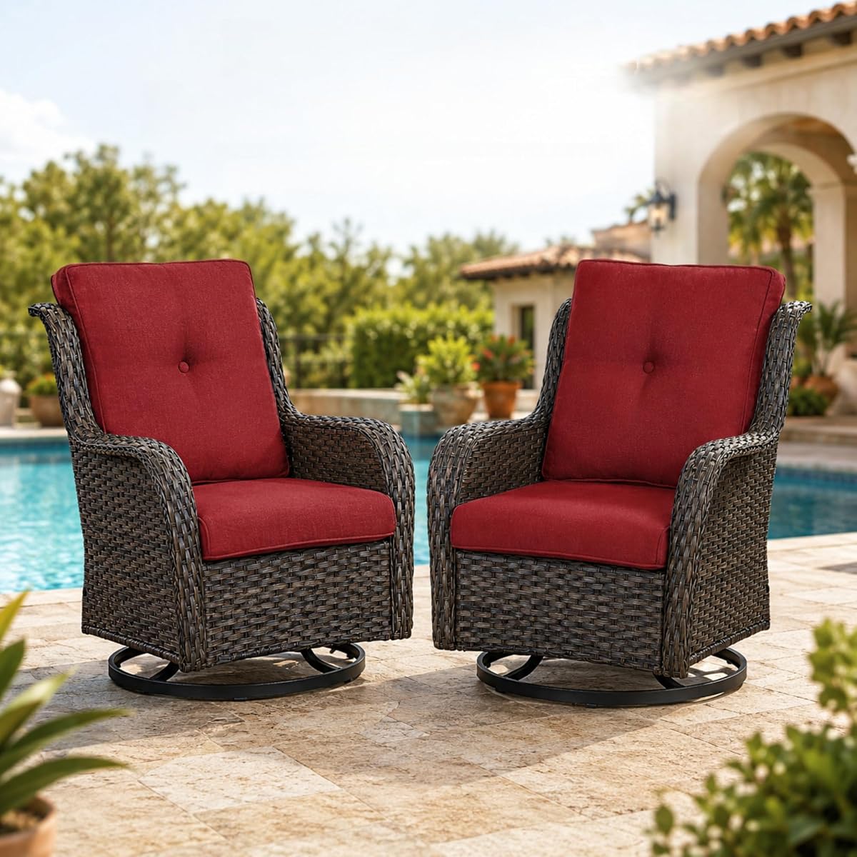 Outdoor Swivel Rocker PE Wicker Patio Chairs Set of 2, Rattan Rocking Chair Furniture Set