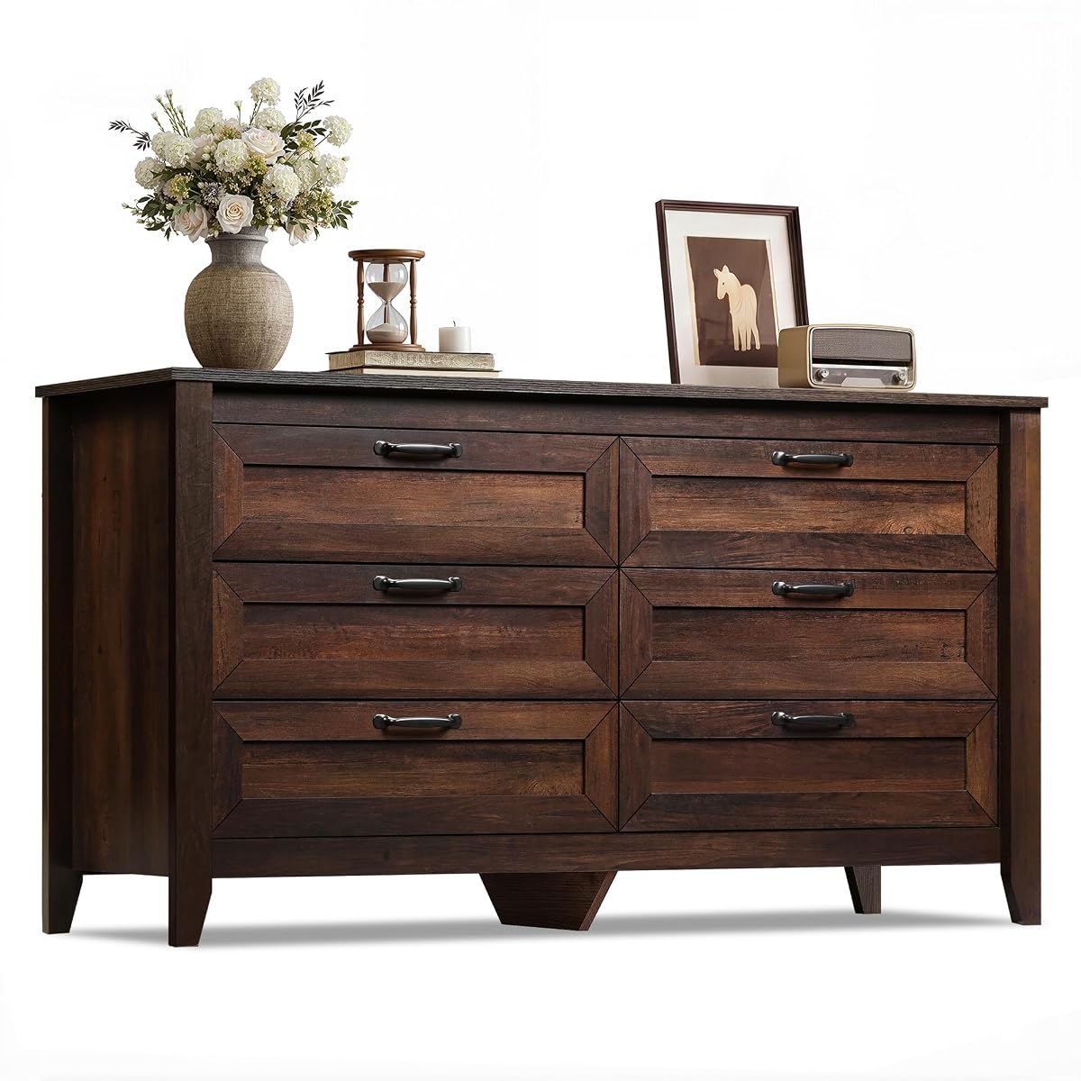 54" Dresser for Bedroom, Wooden 6 Drawer Dresser with Unique Anti-Tip Structure