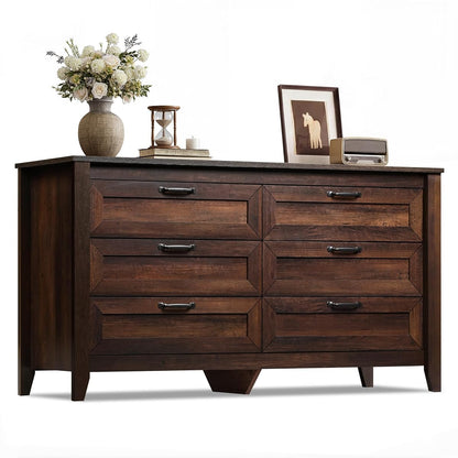 54" Dresser for Bedroom, Wooden 6 Drawer Dresser with Unique Anti-Tip Structure