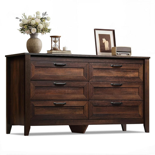 54" Dresser for Bedroom, Wooden 6 Drawer Dresser with Unique Anti-Tip Structure