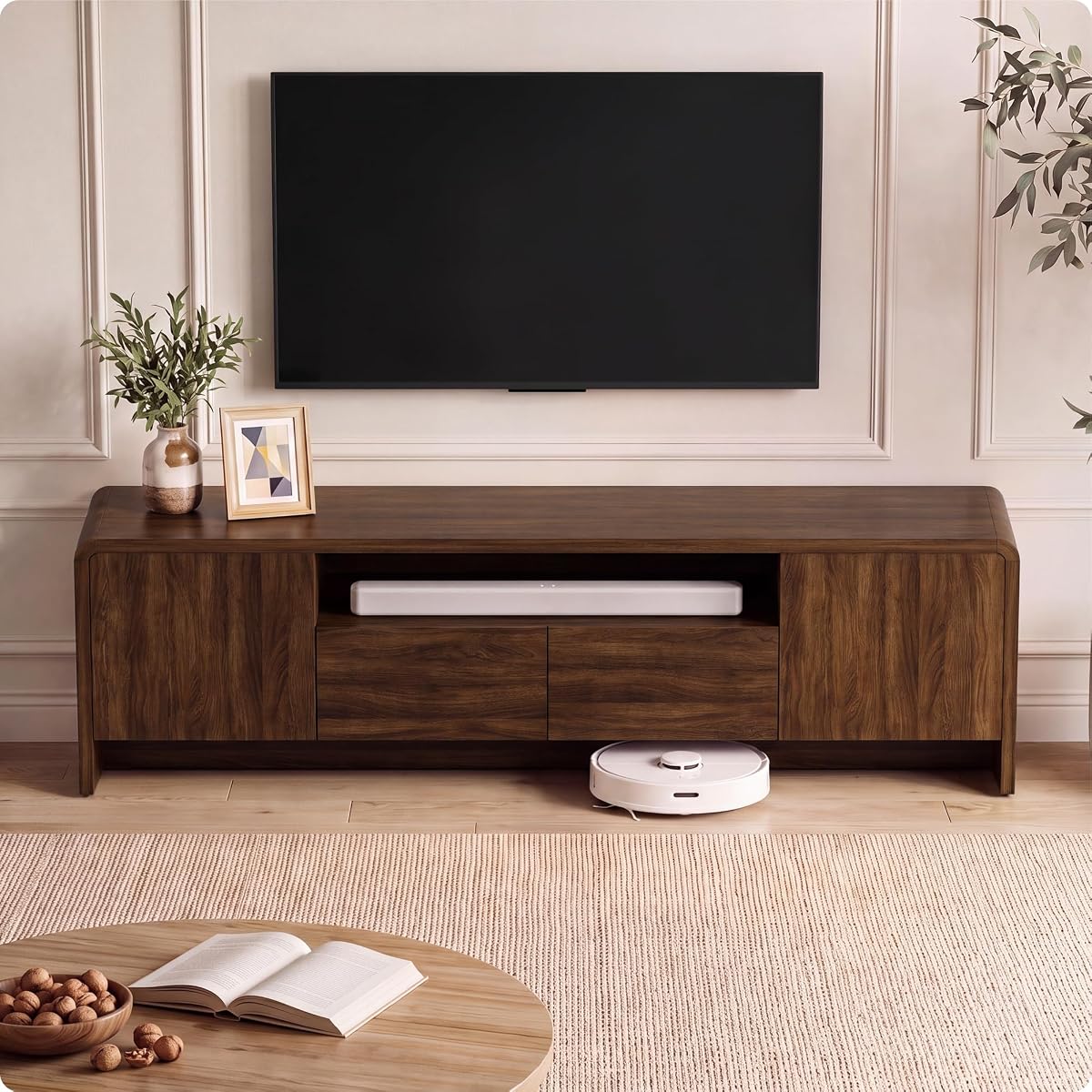 70" Curved TV Stand for 75 Inch TV, Modern Wood Media Console