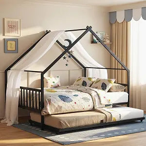Daybed with Trundle, House Full Bed Frame for Bedroom, Black, view 2