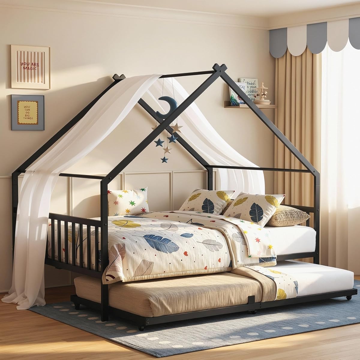 Daybed with Trundle, House Full Bed Frame for Bedroom, Black