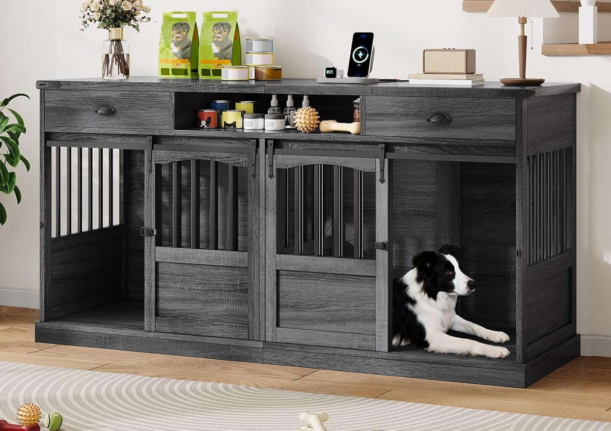 72" Double Dog Crate Furniture with Storage for 2 Medium Dogs Grey