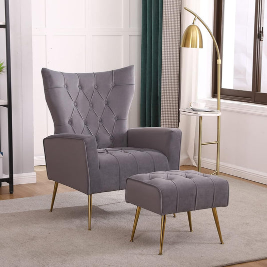 Accent Chair with Ottoman, Comfy Wingback Chair and Ottoman Set, Upholstered Tufted Lounge Armchair with Footrest and High Back, Reading Chair for Bedroom Living Room, Grey, Velvet