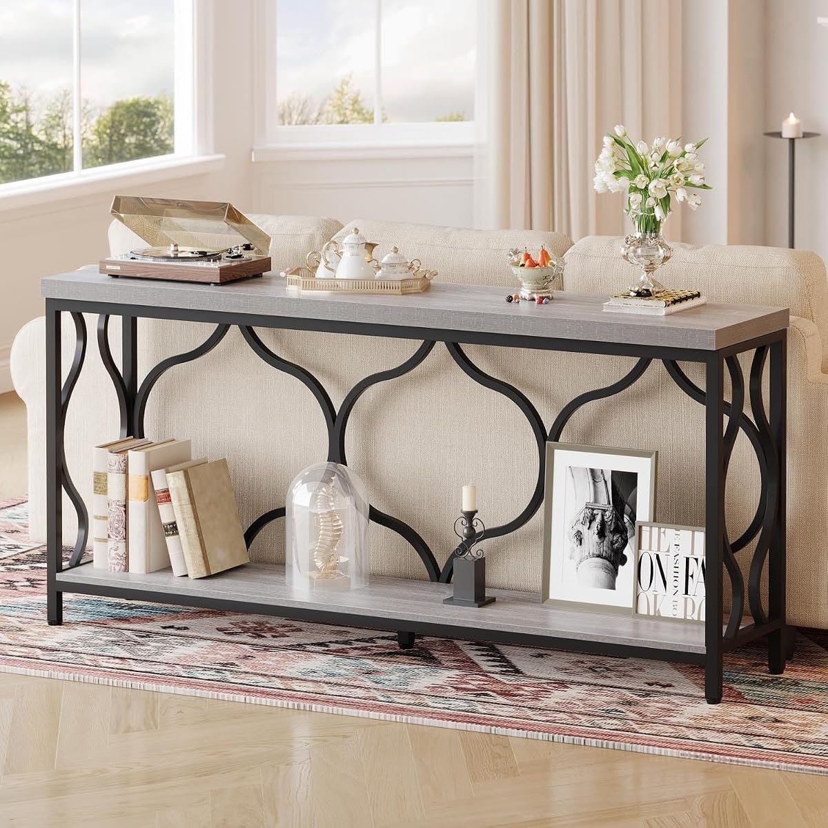 Narrow extra long Sofa Console Table, 63 Inch Modern Entryway Table Behind Couch with Storage shelf, 2-Tier Industrial Wooden Metal Hallway Accent Sofa Tables for Living Room Foyer, Light Grey Oak