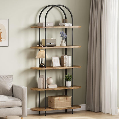71" Arched Bookshelf 5 Tier Bookcase Open Bookshelf with Metal Frame Plant Stand Freestanding Display Rack Tall Shelving for Bedroom Living Room Home Office Bathroom Black + Retro Color