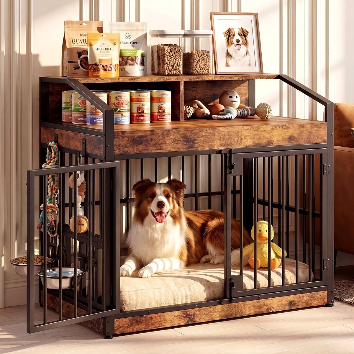 Dog Crate Furniture with 360° Rotatable Bowls