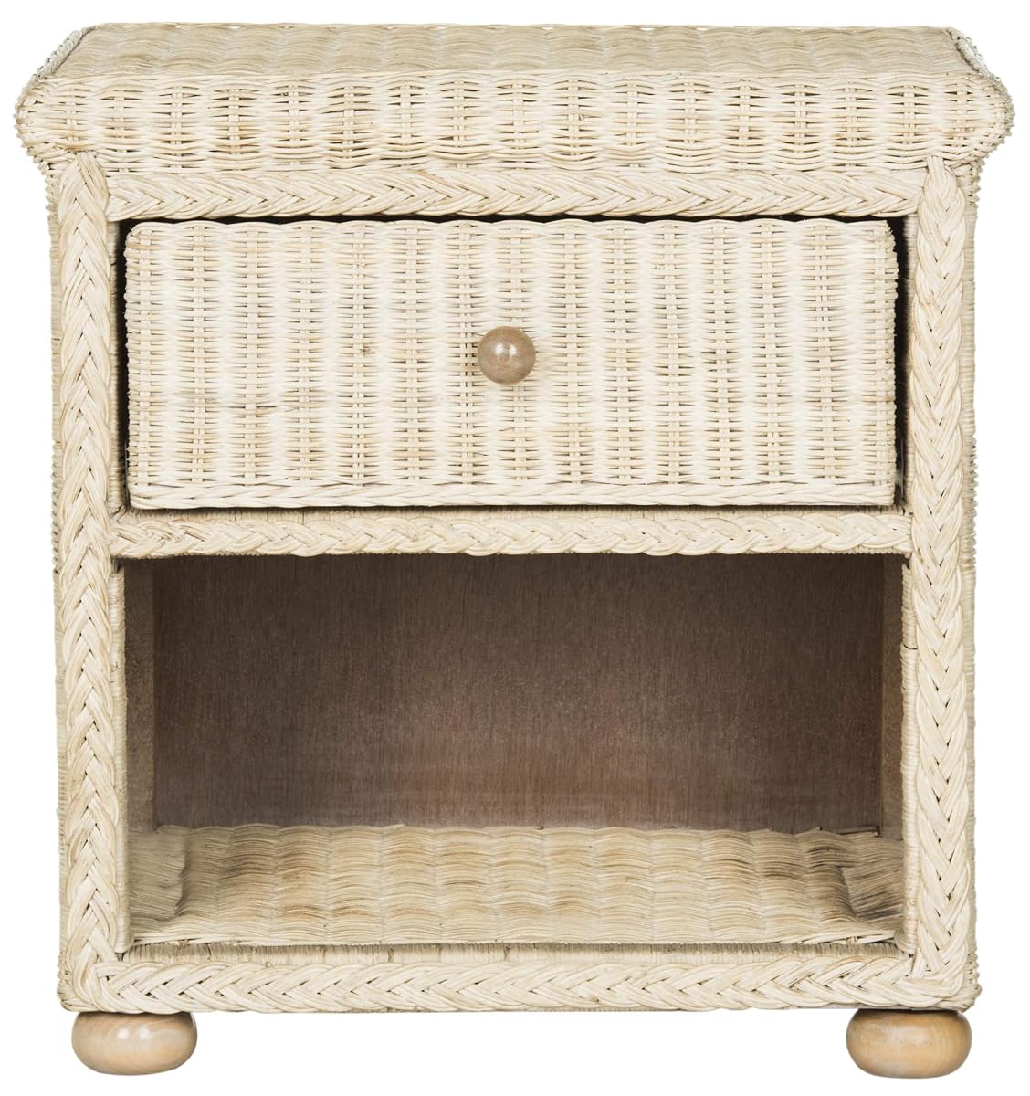SAFAVIEH Home Collection - Adira Natural White Wash Wicker 1-Drawer Nightstand Accent Table, Coastal Boho Bedroom Storage Furniture with Shelf, 22.1"W x 16.5"D x 22.1"H (SEA8002A)