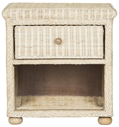 SAFAVIEH Home Collection - Adira Natural White Wash Wicker 1-Drawer Nightstand Accent Table, Coastal Boho Bedroom Storage Furniture with Shelf, 22.1"W x 16.5"D x 22.1"H (SEA8002A)