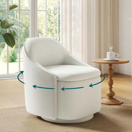 Swivel Accent Chair with Storage Comfy Chenille Barrel Chairs, Small 360 Swivel Modern Armchair for Living Room Bedroom, Boucle Reading Chair for Study Room (Beige)