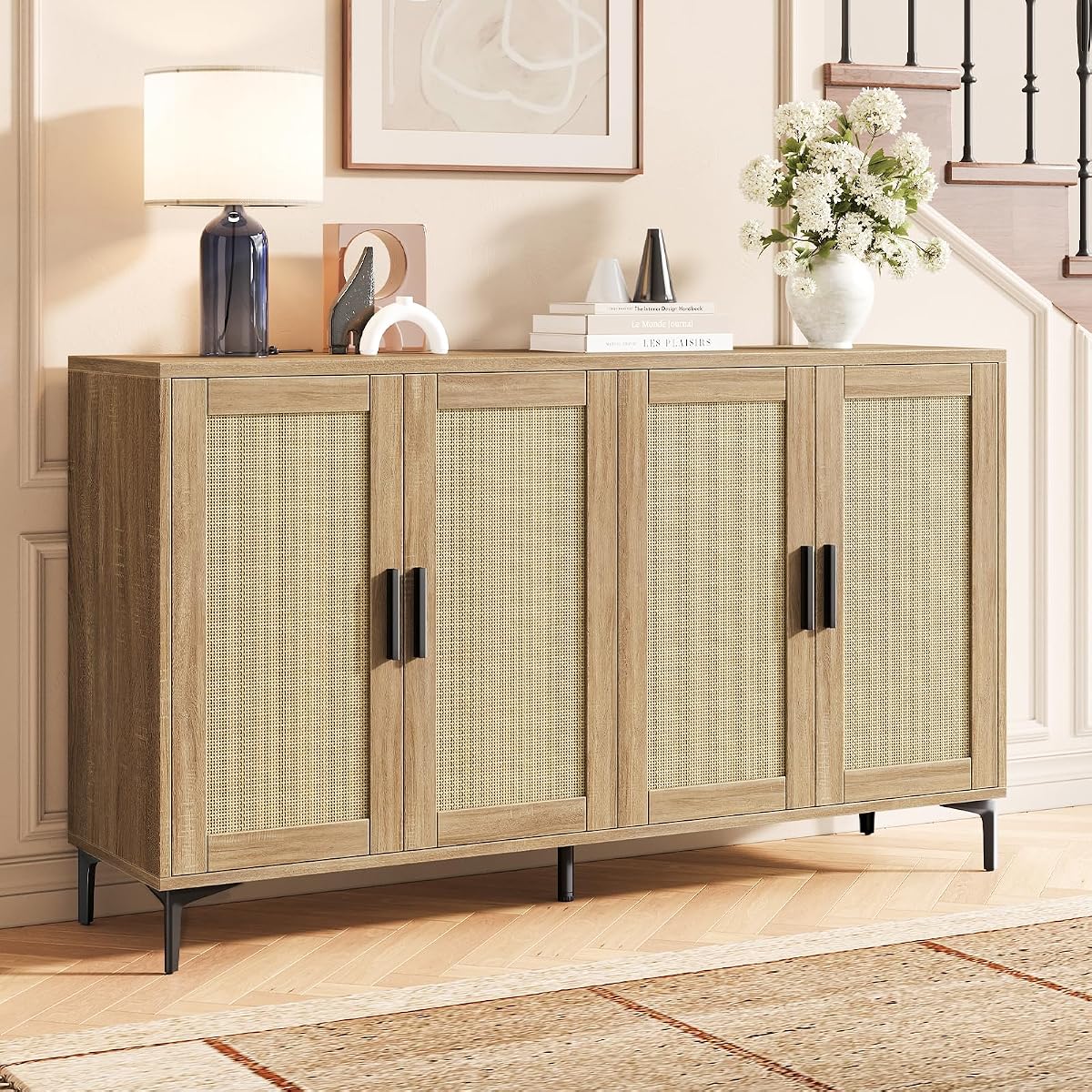 Sideboard Buffet Cabinet with Storage, Rattan Boho Modern Credenza