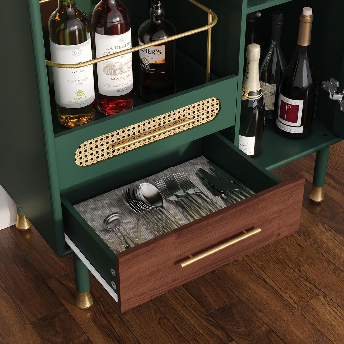 Modern Coffee Bar Cabinet with Wine Glass Rack and Drawers, Green Liquor Cabinet with Pull-Out Wine Storage for Kitchen, Dining Room, Living Room