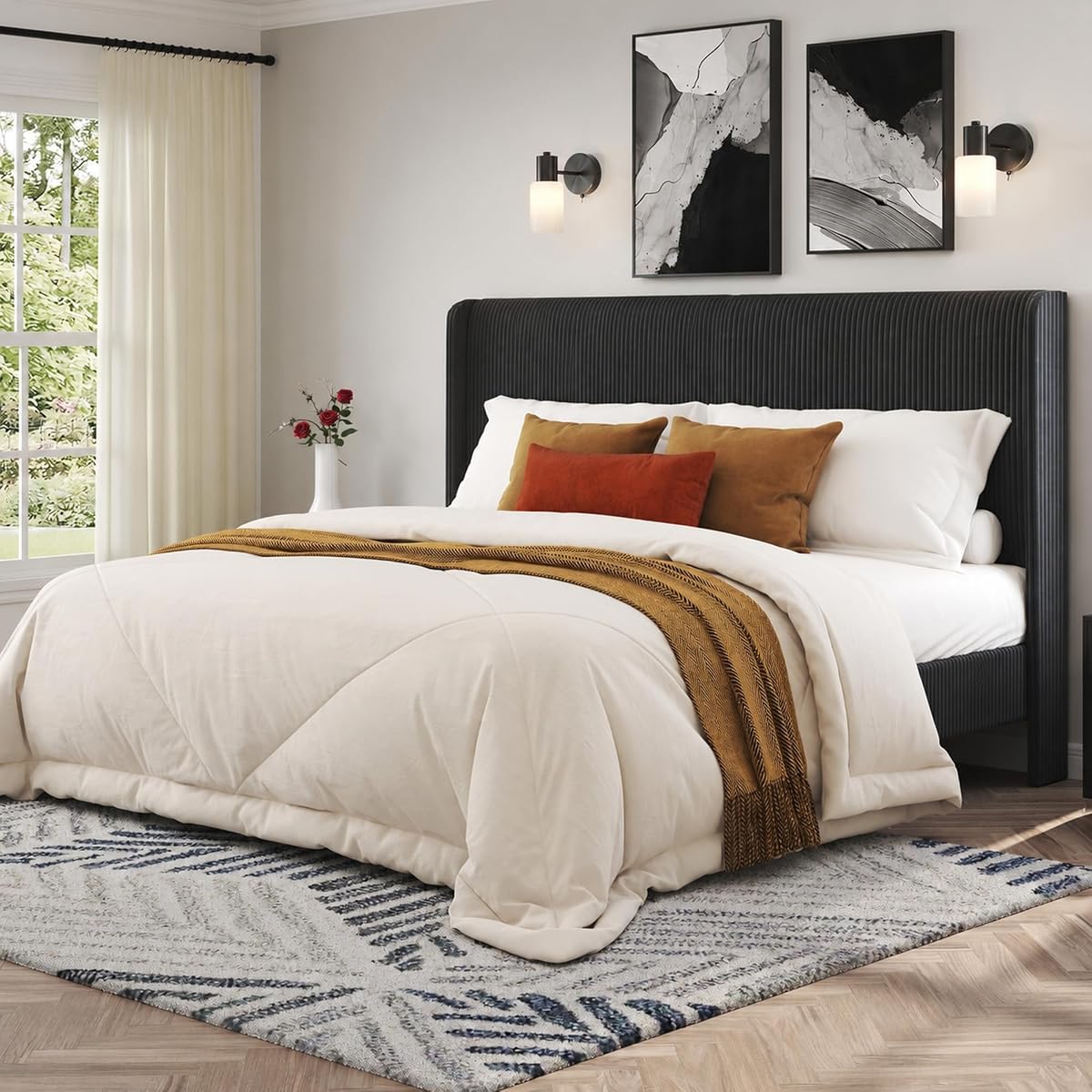 Queen Bed Frame, Upholstered Platform Bed with Corduroy Headboard, Black