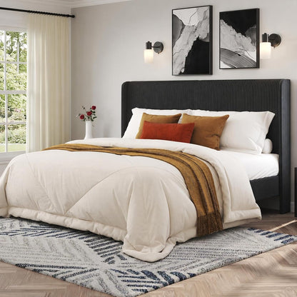 Queen Bed Frame, Upholstered Platform Bed with Corduroy Headboard, Black