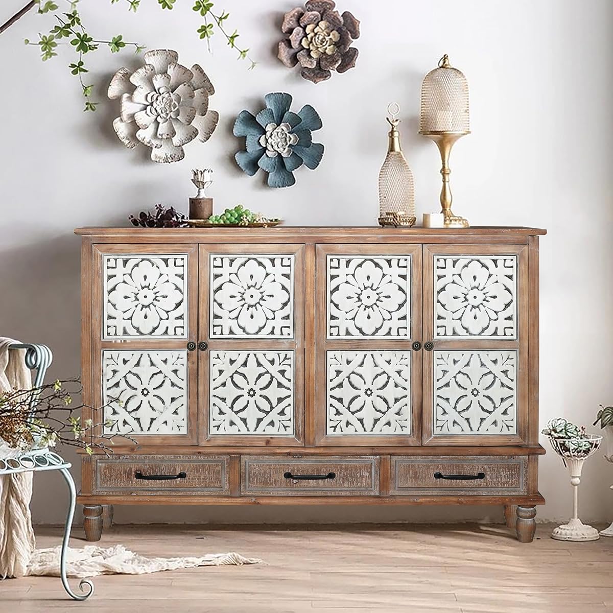 59" Vintage Sideboard Buffet Cabinet with Storage,French Country Sideboard with Carved Doors,Farmhouse Credenza Accent Cabinet, Natural Wood