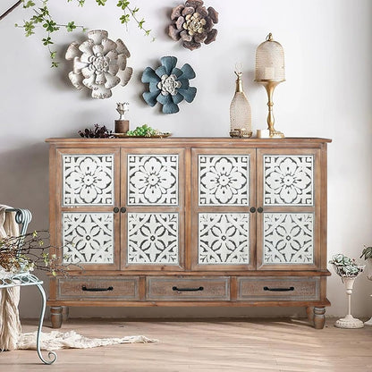 59" Vintage Sideboard Buffet Cabinet with Storage,French Country Sideboard with Carved Doors,Farmhouse Credenza Accent Cabinet, Natural Wood