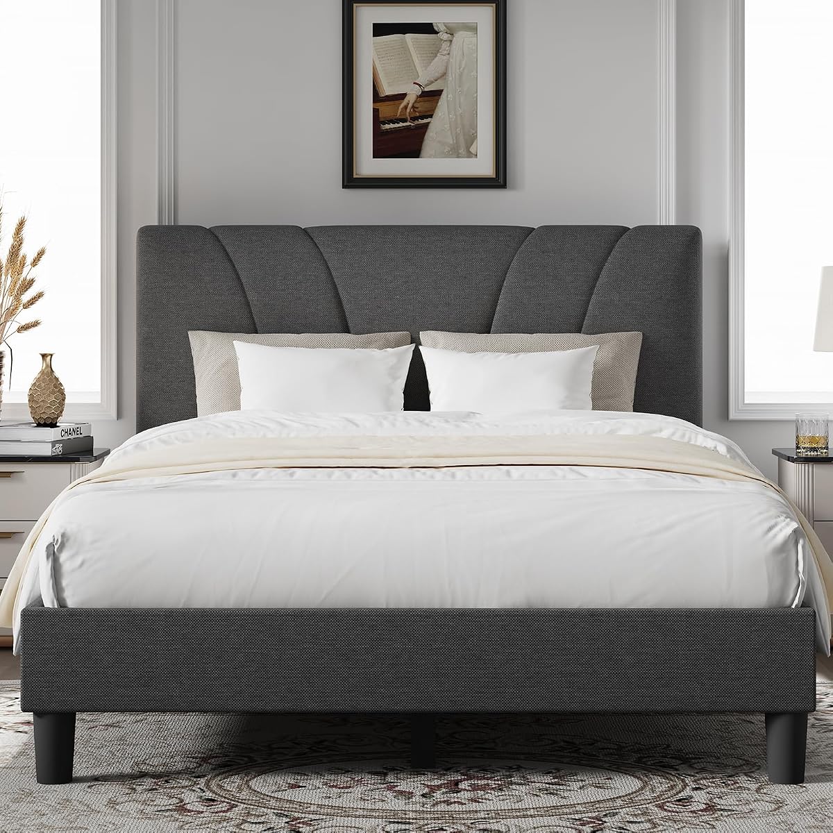 Linen Upholstered King Bed Frame with Wood Slats and Grey Feet
