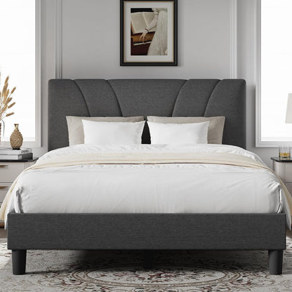Linen Upholstered King Bed Frame with Wood Slats and Grey Feet