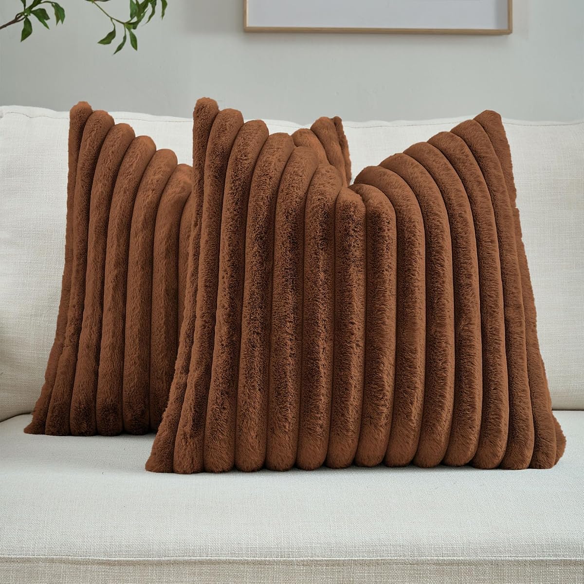 Pack of 2 Fluffy Faux Fur Throw Pillow Covers 20x20 Inch Elegant Striped Textured Decorative Cushion Cases Modern Accent Pillow for Couch Bed Living Room, Rust