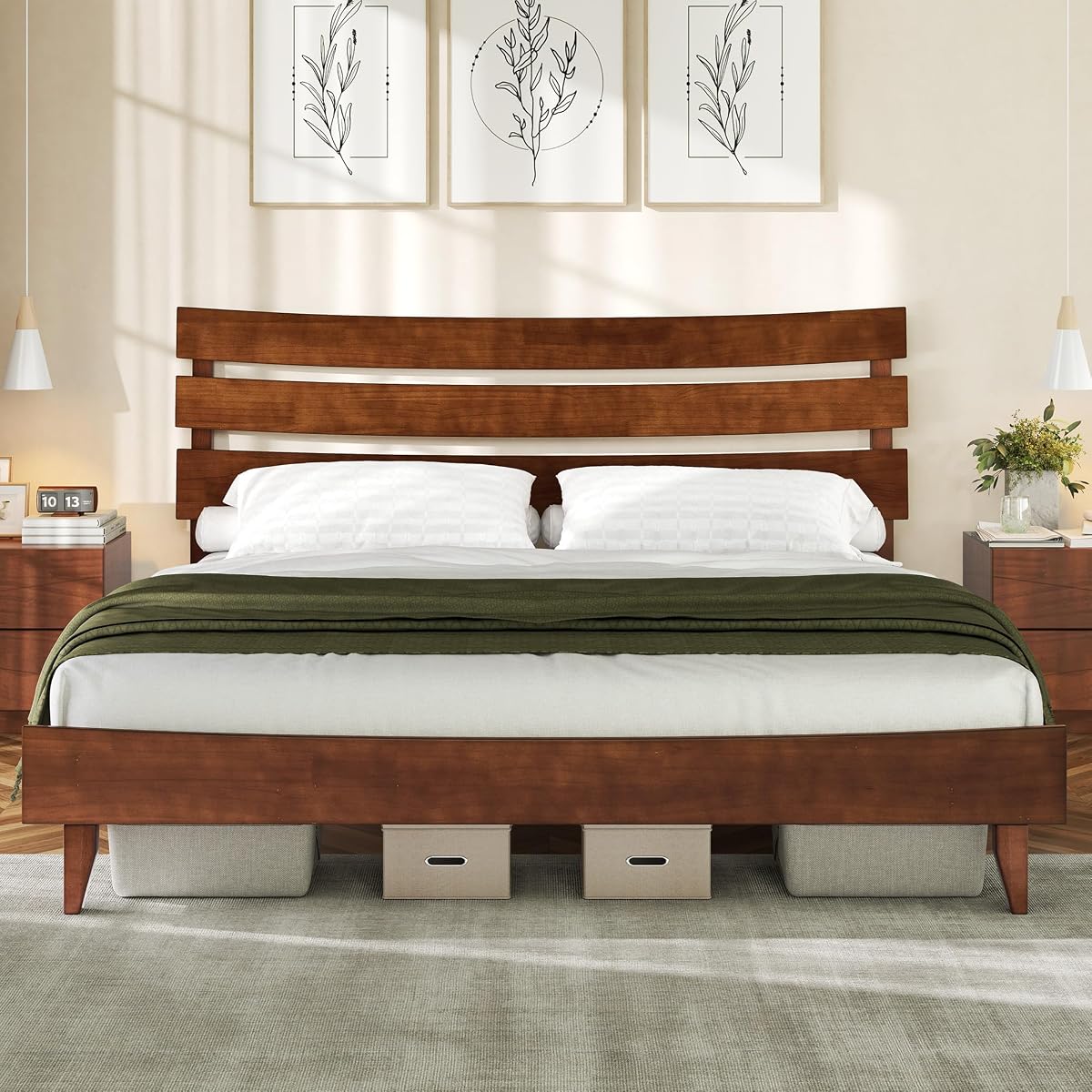 Mid Century Queen Size Solid Wood Platform Bed, Slatted Headboard