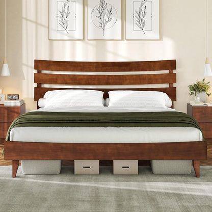 Mid Century Queen Size Solid Wood Platform Bed, Slatted Headboard