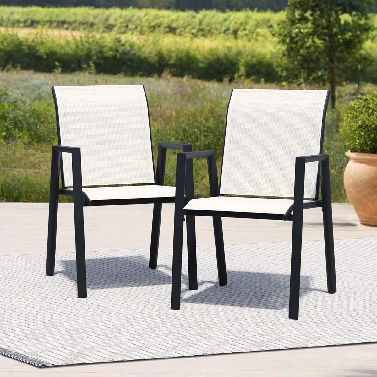 Patio Chairs Set of 2, Stackable Outdoor Dining Chairs with Metal Frame and Breathable Textilene Fabric, All Weather Dining Furniture Set for Lawn, Garden, Backyard, Poolside, Oyster