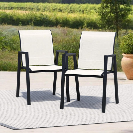 Patio Chairs Set of 2, Stackable Outdoor Dining Chairs with Metal Frame and Breathable Textilene Fabric, All Weather Dining Furniture Set for Lawn, Garden, Backyard, Poolside, Oyster