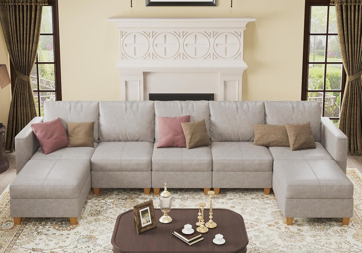 Faux Leather Sectional, Modular Sectional Sofa with Storage, Leather Couch U Shaped Couches for Living Room, Whitesand