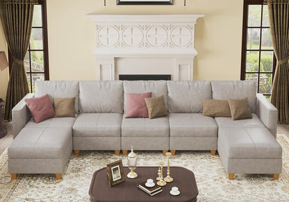 Faux Leather Sectional, Modular Sectional Sofa with Storage, Leather Couch U Shaped Couches for Living Room, Whitesand