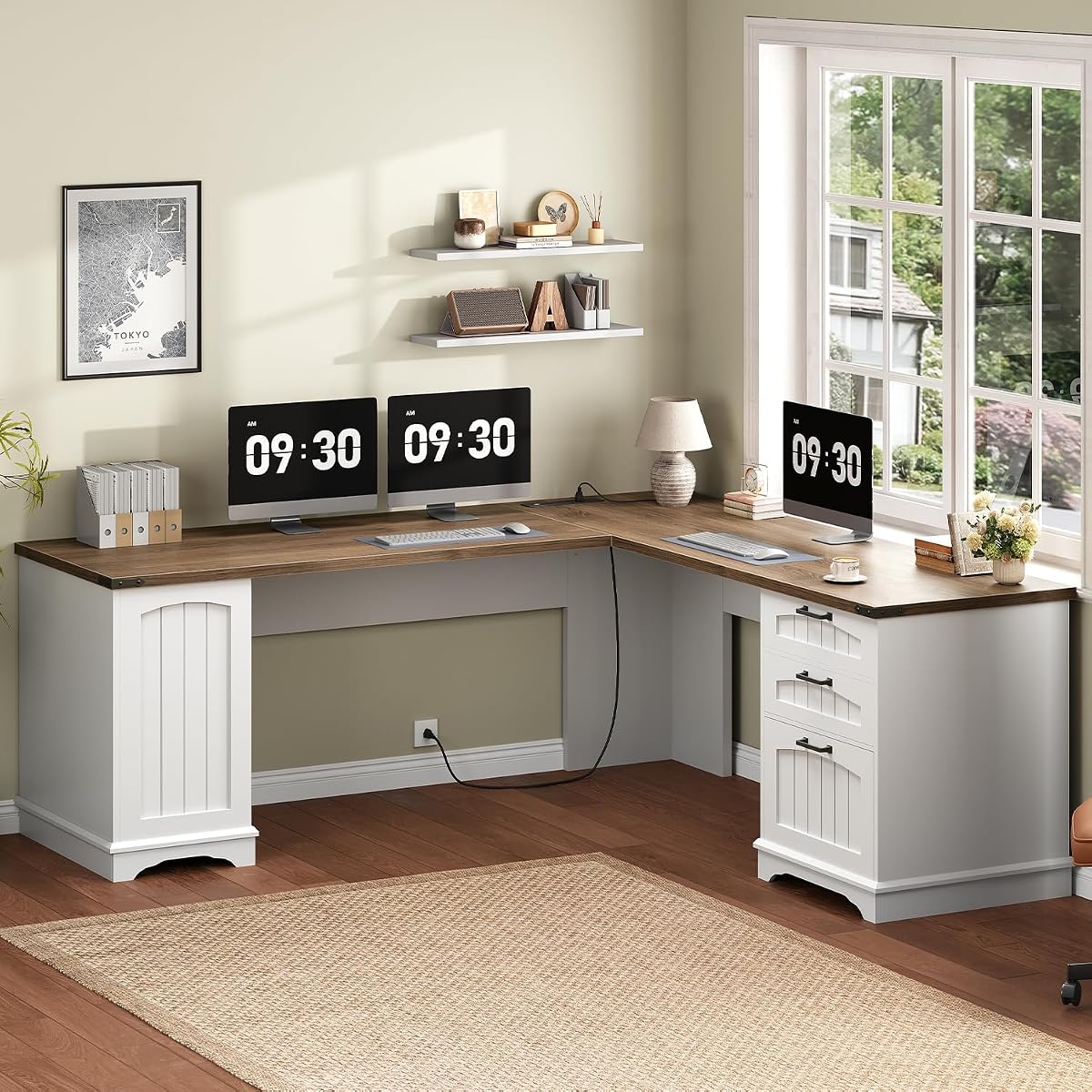 Farmhouse L Shaped Computer Desk, Computer Desk with Power Outlets