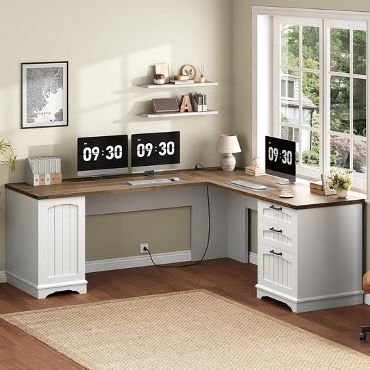 Farmhouse L Shaped Computer Desk, Computer Desk with Power Outlets