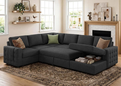 Sectional Sleeper Sofa with Pull-Out Bed Storage Chaise, 6 Seater Couch for Living Room, Dark Grey