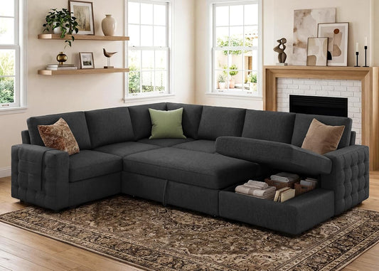 Sectional Sleeper Sofa with Pull-Out Bed Storage Chaise, 6 Seater Couch for Living Room, Dark Grey