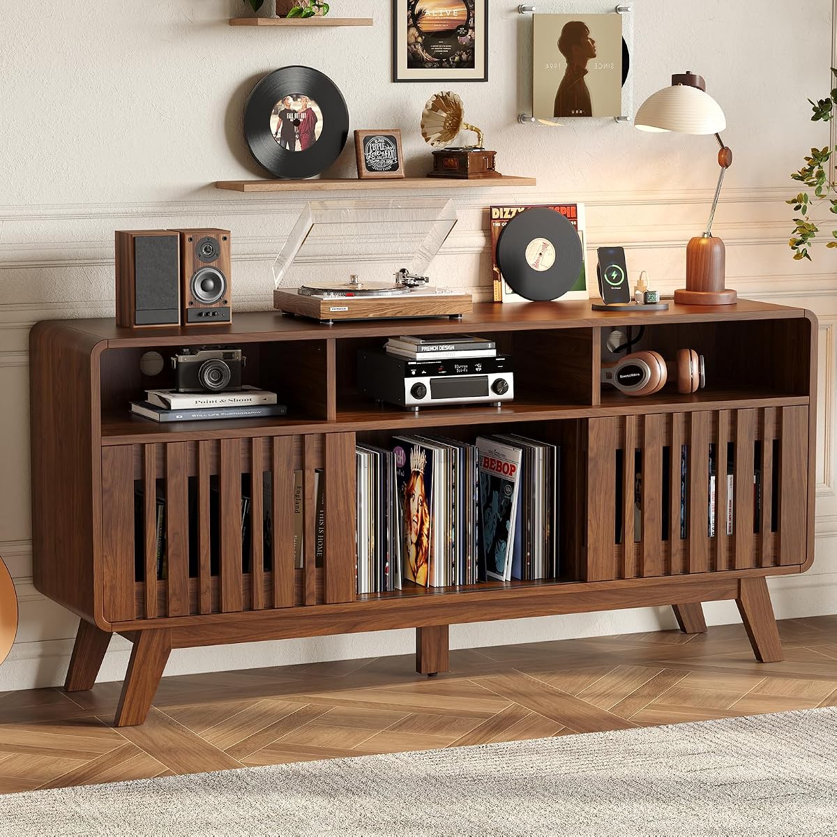 59"Large Vinyl Record Cabinet with Built-in Charging Station, Walnut