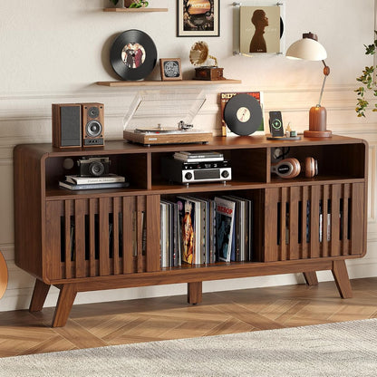 59"Large Vinyl Record Cabinet with Built-in Charging Station, Walnut