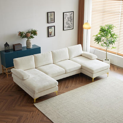 110" Sectional Sofa U-Shaped 4-Seat Couch, Beige | Double Chaise, Chenille Fabric Upholstered, Metal Legs, Room Divider, For Living Room, Apartment, Office, Studio
