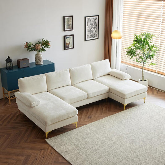 110" Sectional Sofa U-Shaped 4-Seat Couch, Beige | Double Chaise, Chenille Fabric Upholstered, Metal Legs, Room Divider, For Living Room, Apartment, Office, Studio