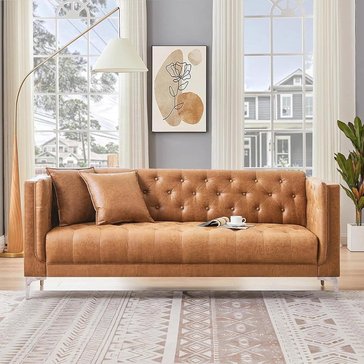 79" W Brown Faux Leather Sofa with 2 Pillows, Couches for Living Room | Modern 3-Seater Chesterfield Sofa for Apartment, Office, Handmade Button Tufted Cushions and Solid Metal Legs
