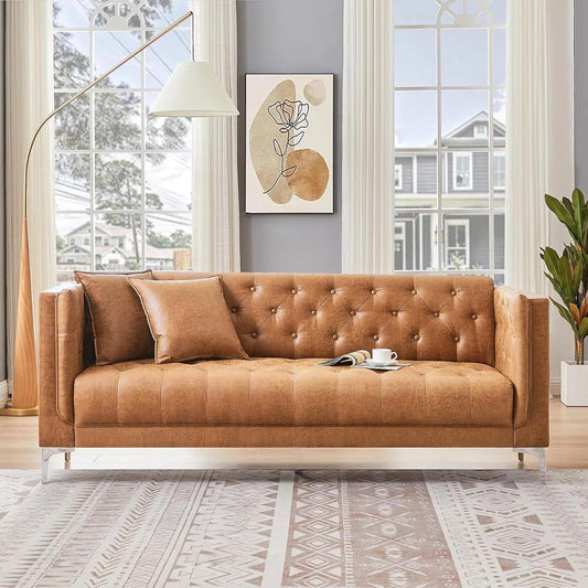 79" W Brown Faux Leather Sofa with 2 Pillows, Couches for Living Room | Modern 3-Seater Chesterfield Sofa for Apartment, Office, Handmade Button Tufted Cushions and Solid Metal Legs