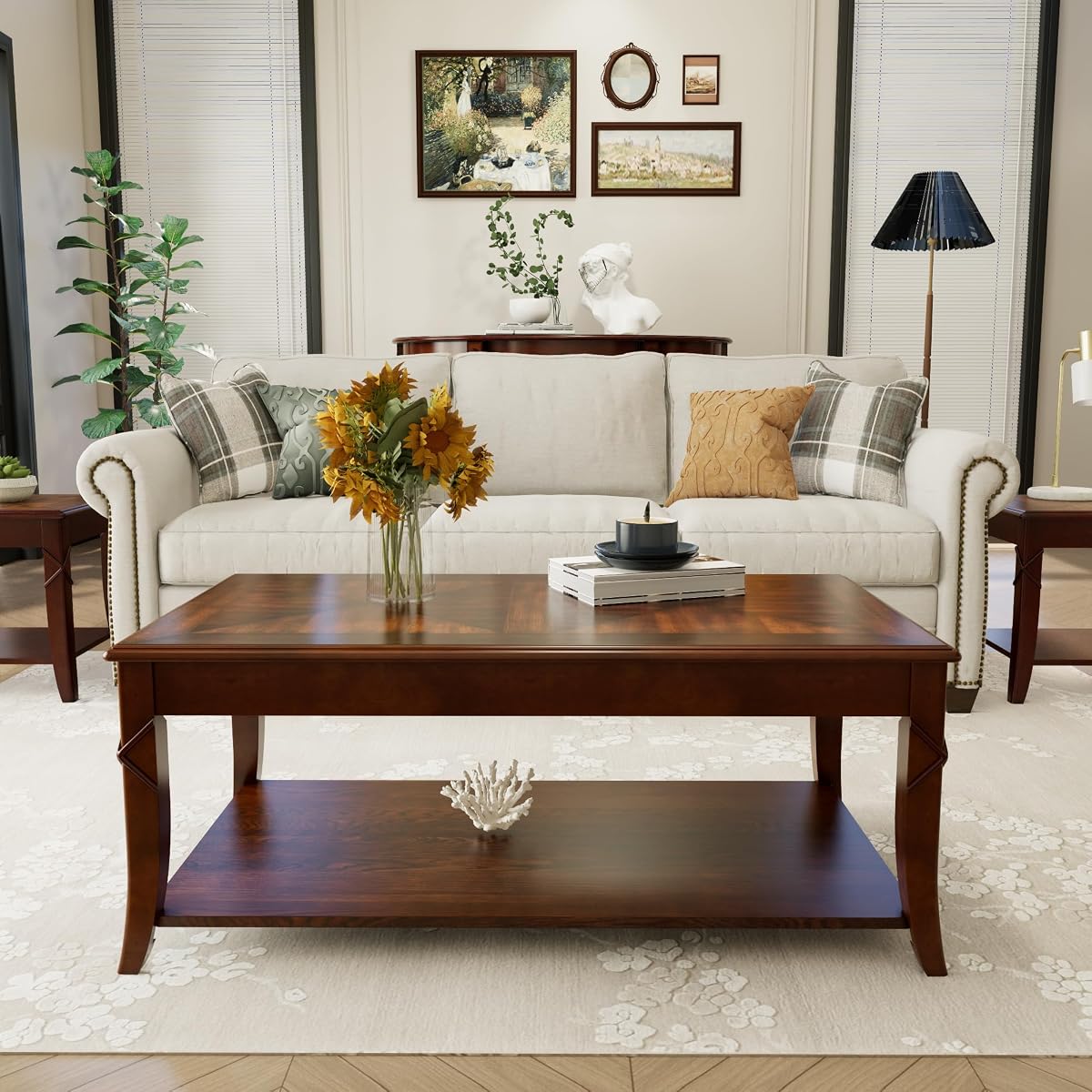 Solid Wood Coffee Table for Living Room, Cherry Cocktail Table with Storage Shelf, Mid Century Queen Anne Style Coffee Tables 43.3" Wx23.6 Dx17.7 H, Easy Assembly, Cherry Brown KFZ-DR200