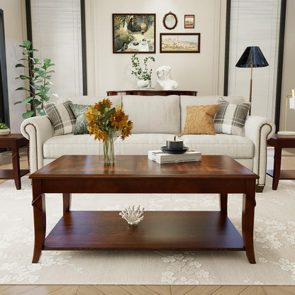 Solid Wood Coffee Table for Living Room, Cherry Cocktail Table with Storage Shelf, Mid Century Queen Anne Style Coffee Tables 43.3" Wx23.6 Dx17.7 H, Easy Assembly, Cherry Brown KFZ-DR200