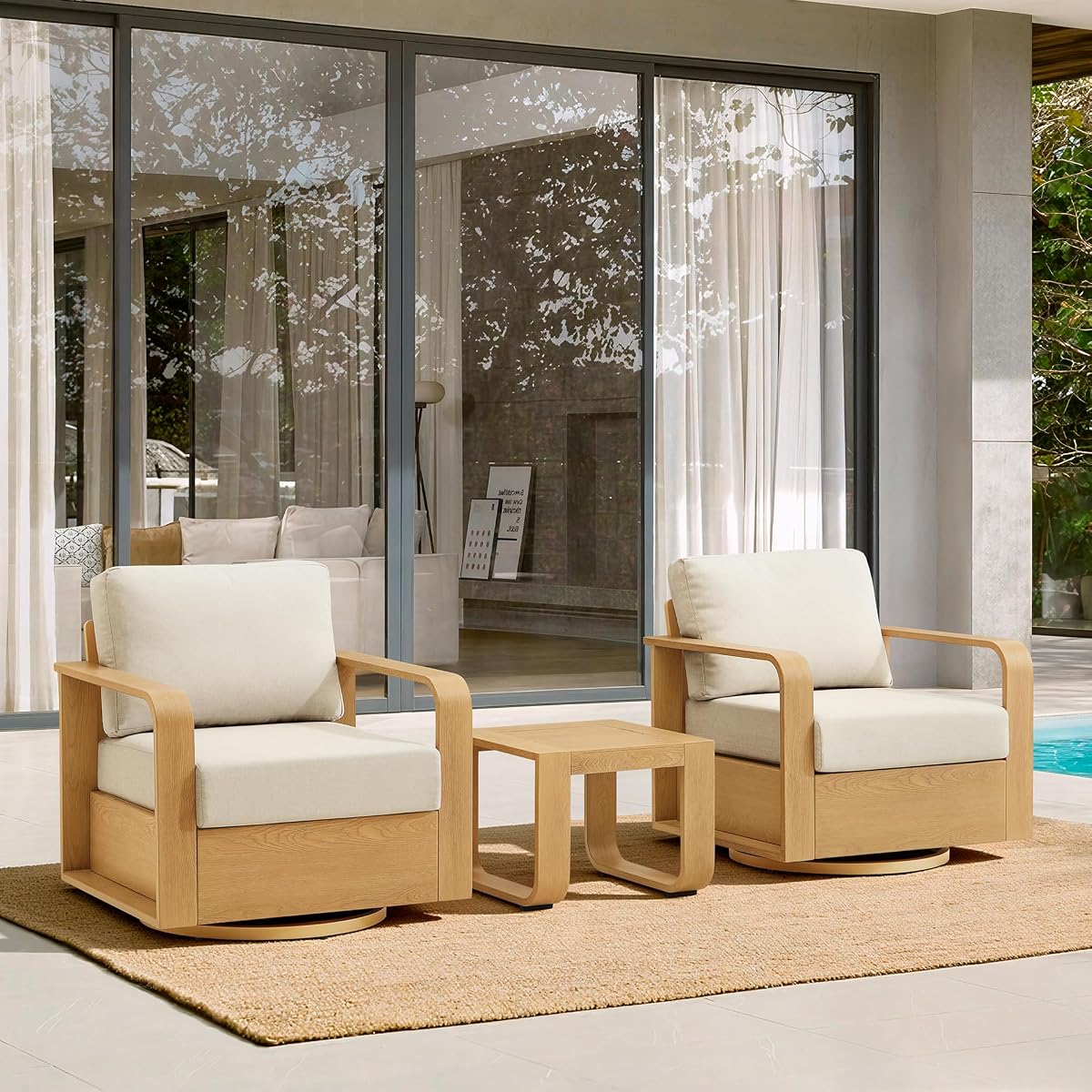 CHITA Patio Furniture Set, Outdoor Aluminum Bistro Set with Swivel Chair | 360° Swivel Chairs, Aluminum Frame, Wood-Like Finish Grain, 6.3in Thickened Cushion, Olefin Washable Covers, Anti-slip Straps