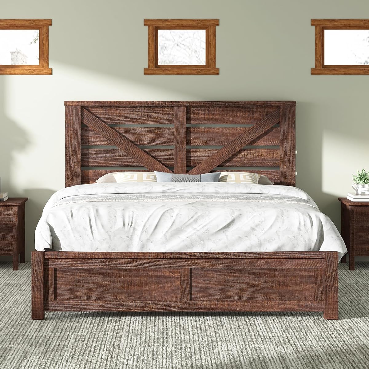 Farmhouse Queen Size Bed Frame with 49" Barn Door Headboard, Brown