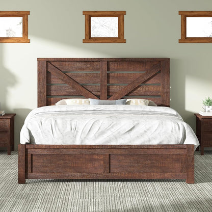 Farmhouse Queen Size Bed Frame with 49" Barn Door Headboard, Brown