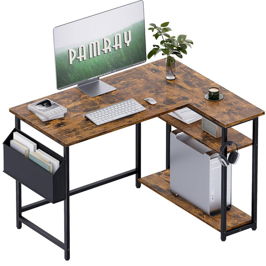 40 Inch L Shaped Computer Desk with Reversible Side Storage Shelves